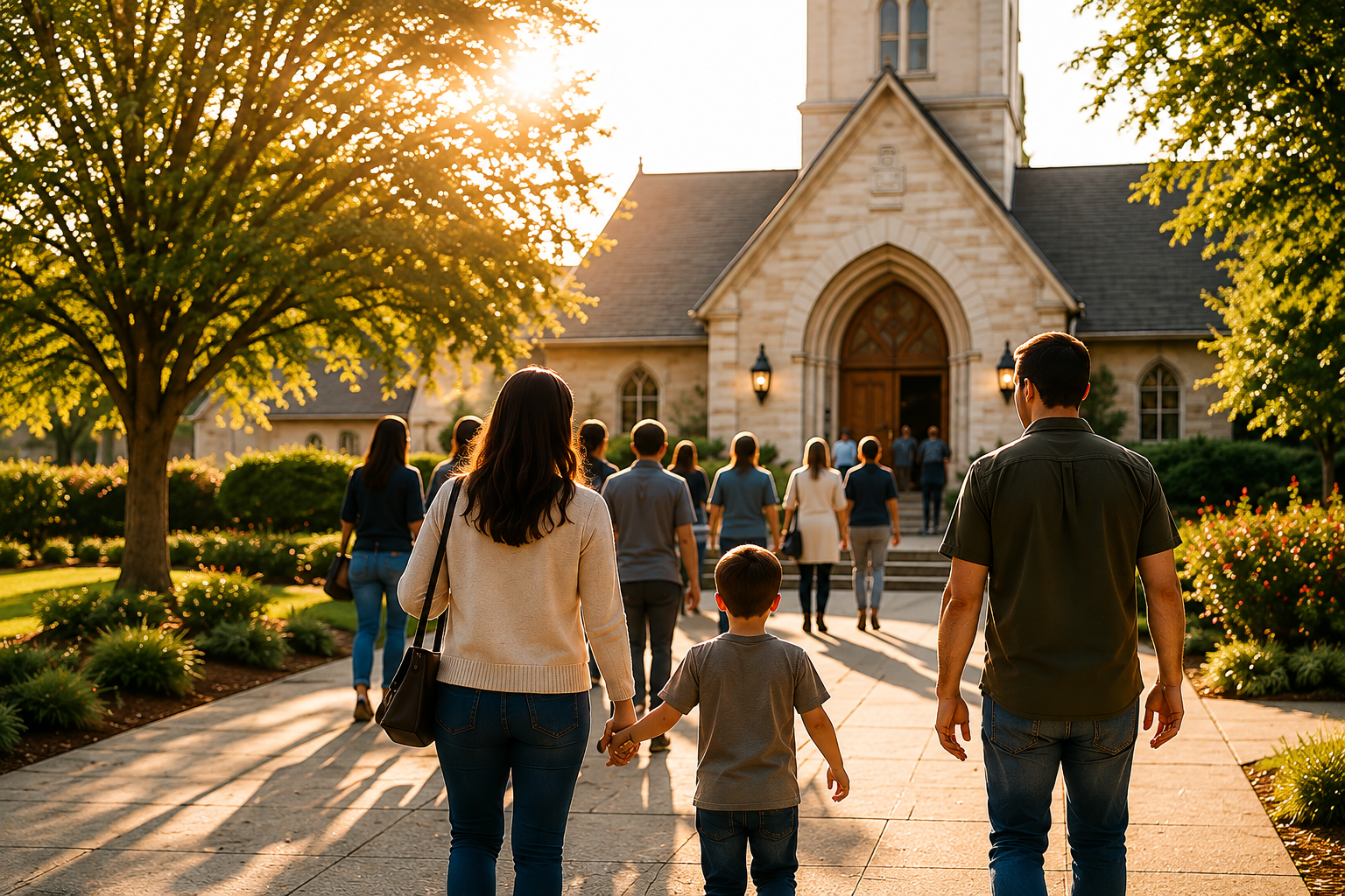 Family arriving at a church with other members of the community